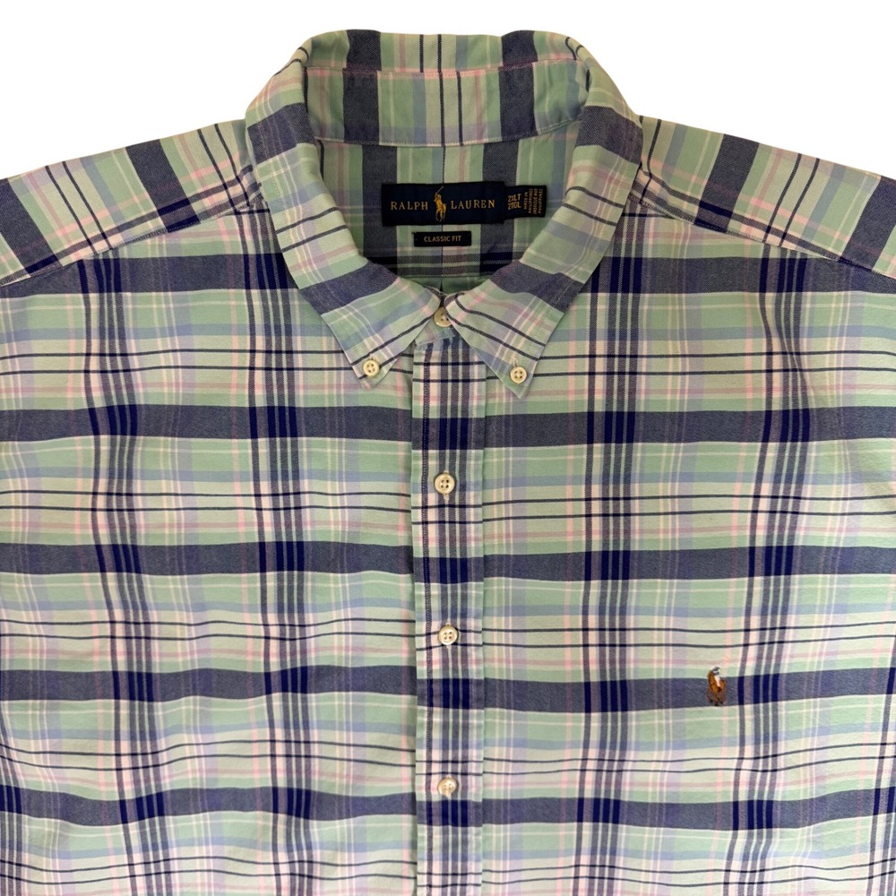 Ralph Lauren Button Down Shirt Mens 2XLT Green Plaid Classic Fit Long Sleeve